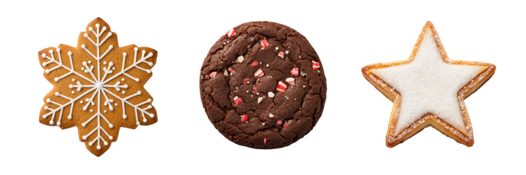 Christmas cookie assortment with gingerbread snowflake peppermint chocolate and iced star for bakery design