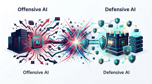 Visual depiction of the clash between offensive and defensive AI, showcasing cybersecurity threats and safeguards in a digital realm.