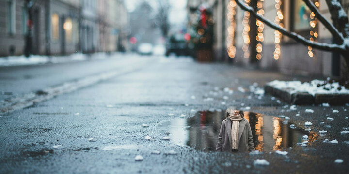 A city street covered in snow, with a puddle reflecting the festive lights of a building