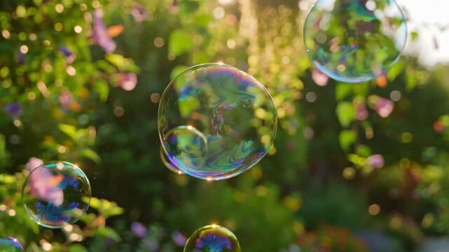 Soap bubbles floating rainbow reflection macro