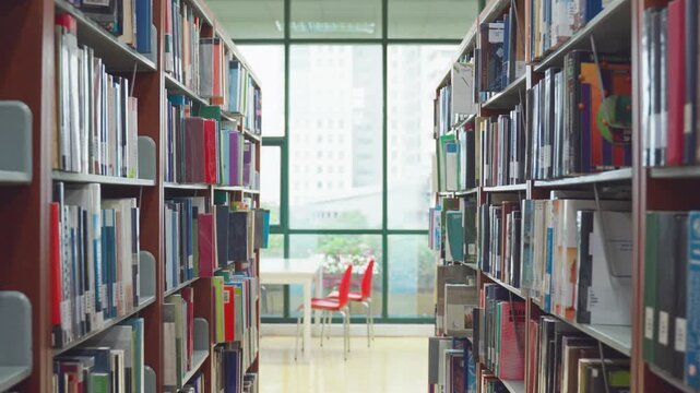 A quiet library aisle lined with tall bookshelves filled with books. 