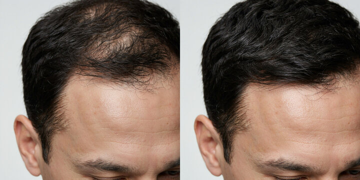 Before and after comparison of hair growth treatment. The left side shows thinning hair, while the right side shows thicker hair