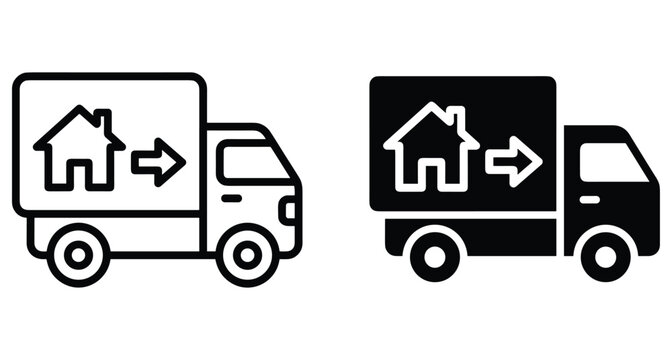 Moving truck icon set for house relocation services delivery van with home symbol and arrow for logistics and transportation business