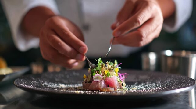 Chef garnishes fine dining seafood dish in slow motion with precision and care in a restaurant kitchen setting