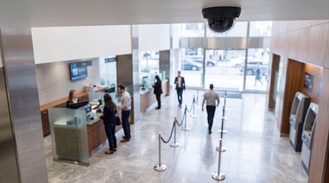 A high-angle security camera mounted on the ceiling of a modern bank lobby overseeing customers and staff. Financial institution interior with surveillance system protecting assets and transactions.