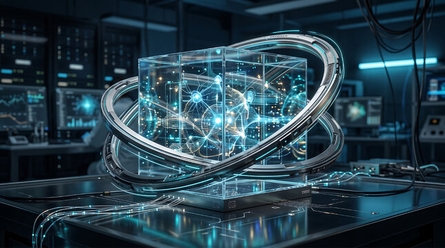 Glowing quantum AI core inside a glass cube with metallic orbital rings in a futuristic server lab