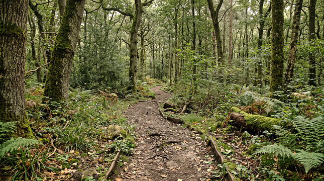 narrow forest path winding through dense green trees and ferns in quiet natural park atmospheric landscape