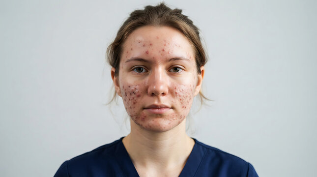 Young woman facing forward with visible skin condition and neutral expression