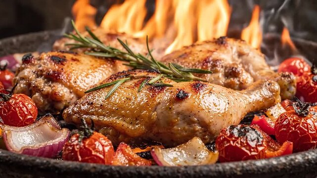 Close up grill roast bbq chicken leg with addition herbs and spices on the flaming grill