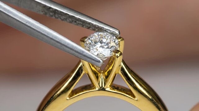 Jeweler Tweezers Placing a Sparkling Diamond into a Gold Ring Setting