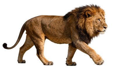 Majestic male lion with full mane walking, isolated on transparent background © mesopin