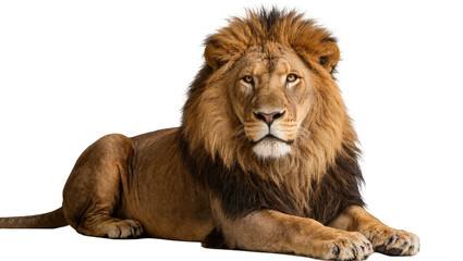 Majestic male lion with dark mane resting peacefully, isolated on transparent background © mesopin
