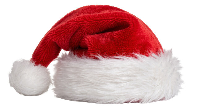 Fluffy red Santa hat with white trim and pompom, isolated on transparent background
