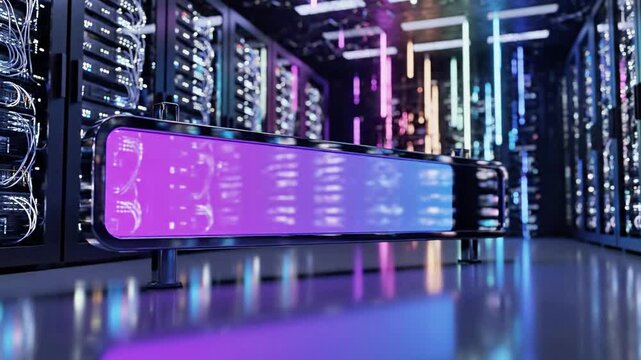 Modern data center server racks with neon purple lighting.