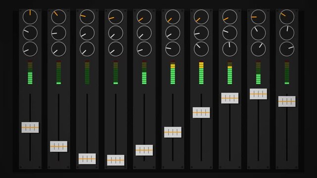 Digital audio mixing console with faders and glowing level meters