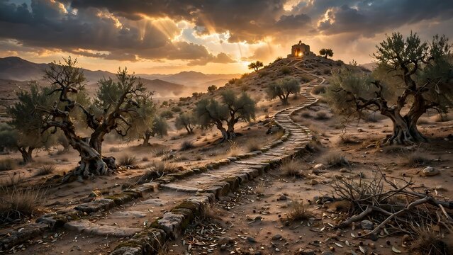 Ancient Olive Grove Desert Golden Hour Winding Stone Path Glowing Light Hill Atmospheric Sky Cinematic Photorealistic 8k Detail