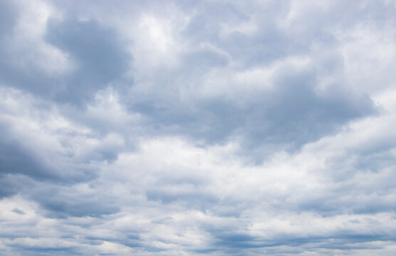 Stratocumulus clouds cover an overcast sky, gray cloudscape stretching dense toward the horizon. Layered cloud formation spreads. Tranquil panorama, copy space.