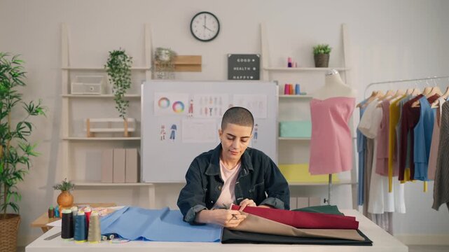 Caucasian young woman working as fashion designer in tailor studio. 