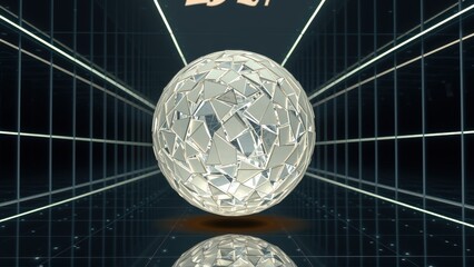 Fototapeta premium Bright sphere reflects light within dark geometric space. Mirror image below creates symmetry, futuristic feel.