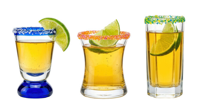 Three festive tequila shot glasses with lime slices