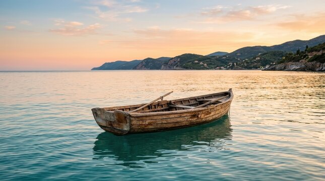Serene wooden rowboat floating calmly on a tranquil turquoise sea at sunset with distant coastal mountains under a peaceful colorful sky
