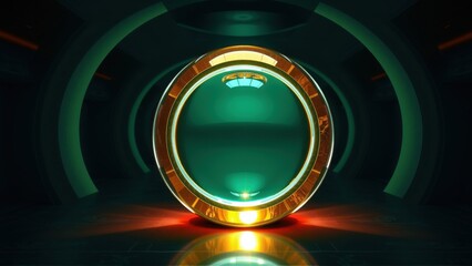 Fototapeta premium Futuristic portal glows brightly. Golden ring reflects light onto dark floor. Circular design dominates scene, creating depth.