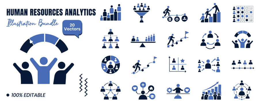 Human resources analytics and business management icon set, vector illustrations for hr data analysis, recruitment, team building, and performance tracking
