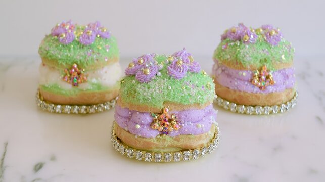 Delicious eclairs sit on cool marble surface