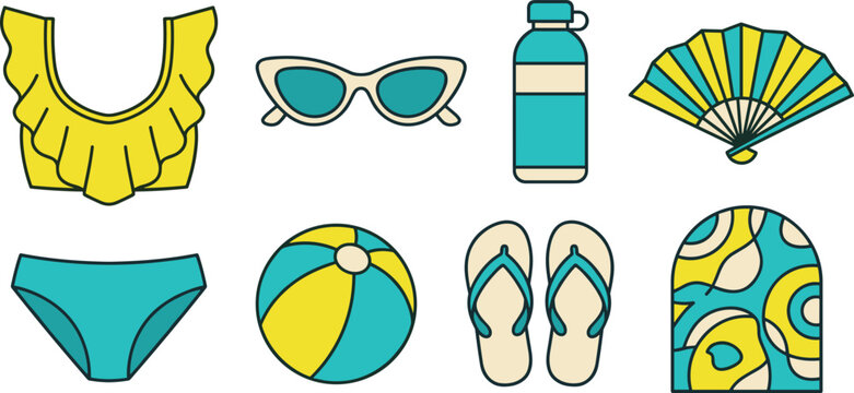 Summer Beach Vacation and Two Piece Bikini Swimwear Icon Vector Set with Ruffle Top, Sunglasses, Ball, Flip Flops, and Patterned Arch