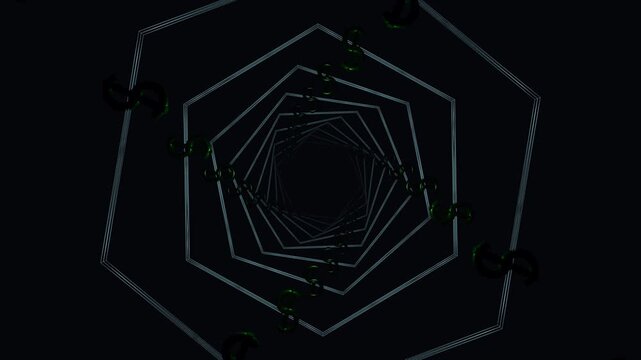 Geometric white neon heptagon shapes tunnel dark infinite void pattern, perfect for backgrounds, futuristic designs, and abstract concepts.