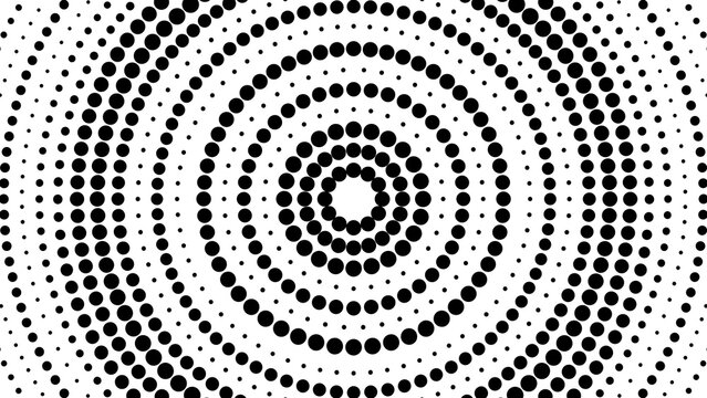 Concentric halftone dot circles radial pattern, black dotted rings spreading from center on white background, abstract ripple wave texture, optical pop art target backdrop image