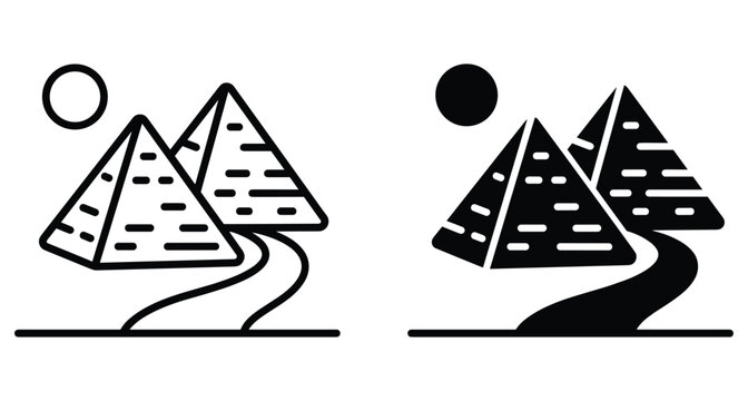 Egyptian pyramids icon set featuring Giza landmarks with sun and path in outline and solid black vector style for travel