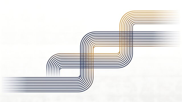 Navy blue and gold parallel curved lines on white background. Abstract striped ribbon path with rounded bends, elegant stepped line stripes for business cover, banner, presentation