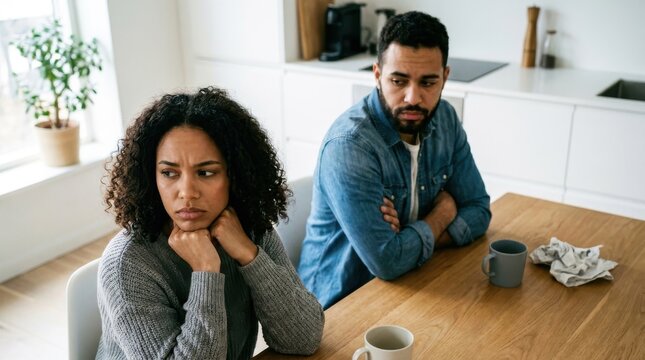 Serious multiethnic couple having a tense conversation while sitting at home at a wooden kitchen table with mugs experiencing relationship conflict