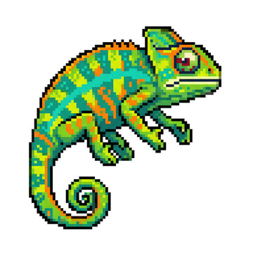 Colorful Pixel Art Chameleon Reptile Illustration, Vibrant Chameleon Pixel Art Tropical Nature Design