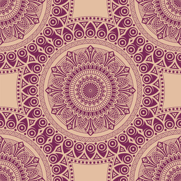 Elegant seamless color vector mandala pattern in purple and beige tones. Decorative vector background. For textiles, wallpaper, wrapping paper.