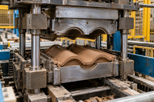Wave-shaped clay tile in an open industrial press