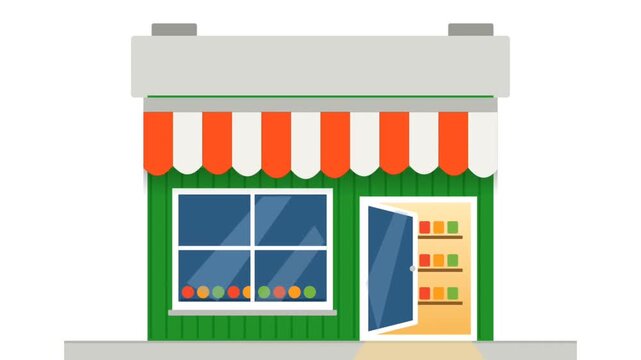 Flat vector illustration of a small green grocery store front with orange awning and open door