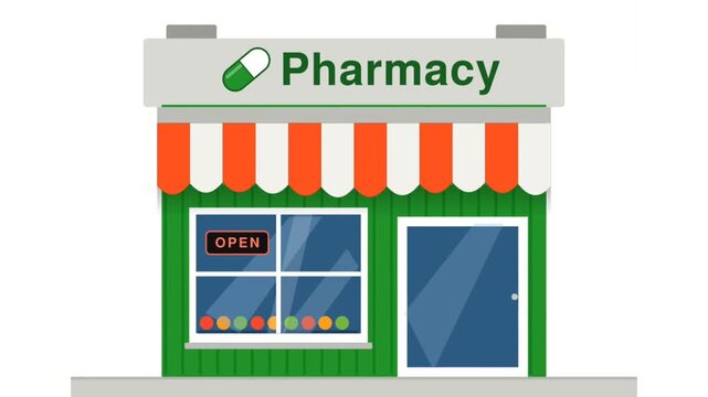 Flat vector illustration of a green pharmacy store exterior with open sign and medicine capsule logo
