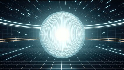 Fototapeta premium Bright sphere dominates dark digital space. Lines converge toward glowing center, creating futuristic tunnel effect. Grid floor adds depth.