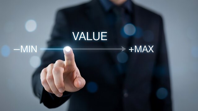 Value concept with professional hand showing minimum and maximum financial range