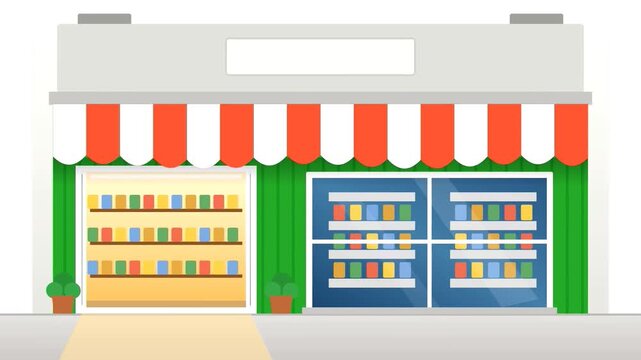 A colorful convenience store building vector illustration with shelves of products, red and white awning, and storefront windows