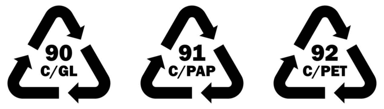 Packaging recycling codes 90 91 and 92 symbols. Packaging material identification codes set. Packaging, material, identification, recycling codes 90 C/GL, 91 C/PAP and 92 C/PET. Vector illustration