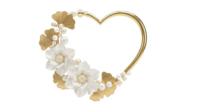 Beautiful heart frame made of gold leaves and white flowers