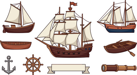 Vintage sailing ship vector icons set with pirate boat anchor spyglass wheel and nautical marine adventure design elements © mdAminul