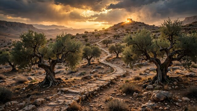 Ancient Olive Grove Desert Golden Hour Winding Stone Path Glowing Light Hill Atmospheric Sky Cinematic Photorealistic 8k Detail
