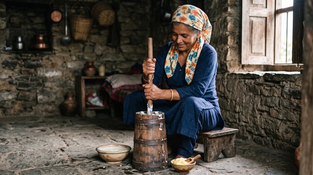 Woman churning fresh butter in traditional wooden churn at home