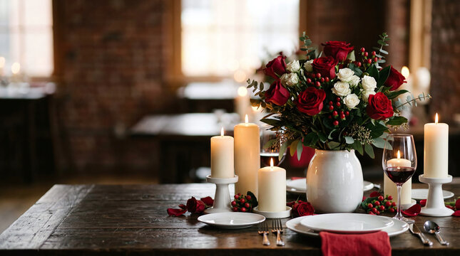 Romantic table setting for two with red roses candles and red wine glass on rustic wooden surface in cozy restaurant interior
