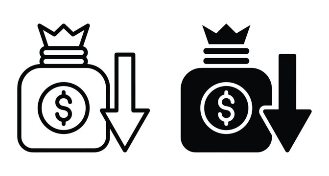 money bag icon with dollar sign and downward arrow representing financial loss economic crisis budget reduction price drop and bankruptcy