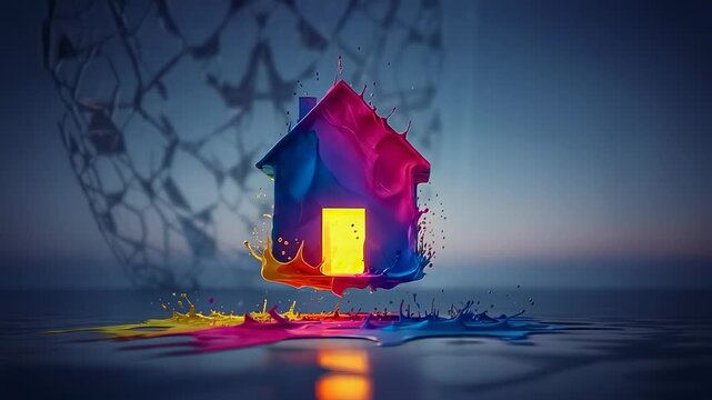A Vibrant Splash of Color and Creativity: A Whimsical House Design Emanating Radiance Amidst an Artistic Background of Flowing Paint
